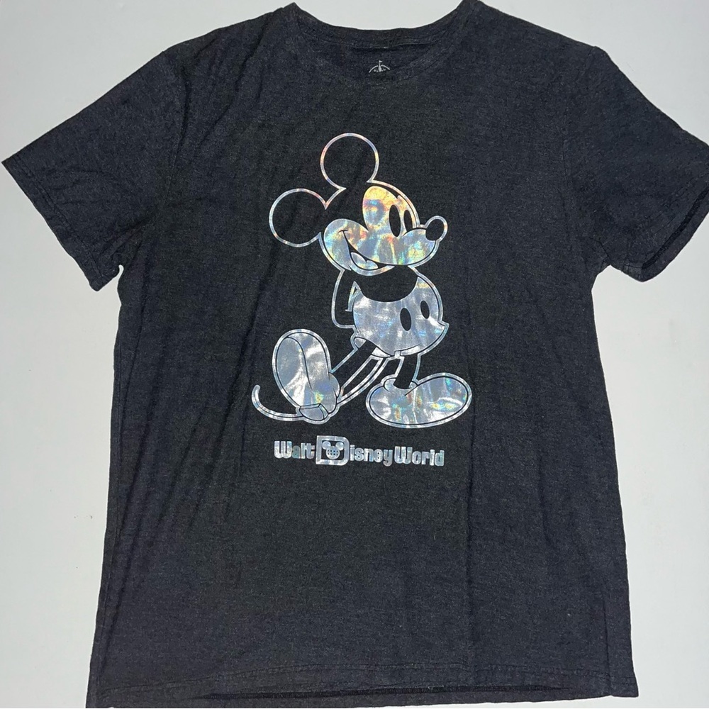 Disney Mickey Mouse Women’s T-Shirt - Dark Grey Short Sleeve, Holographic Silver